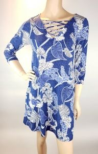 AGB Shift Dress Size S Blue Denim Tropical Floral
